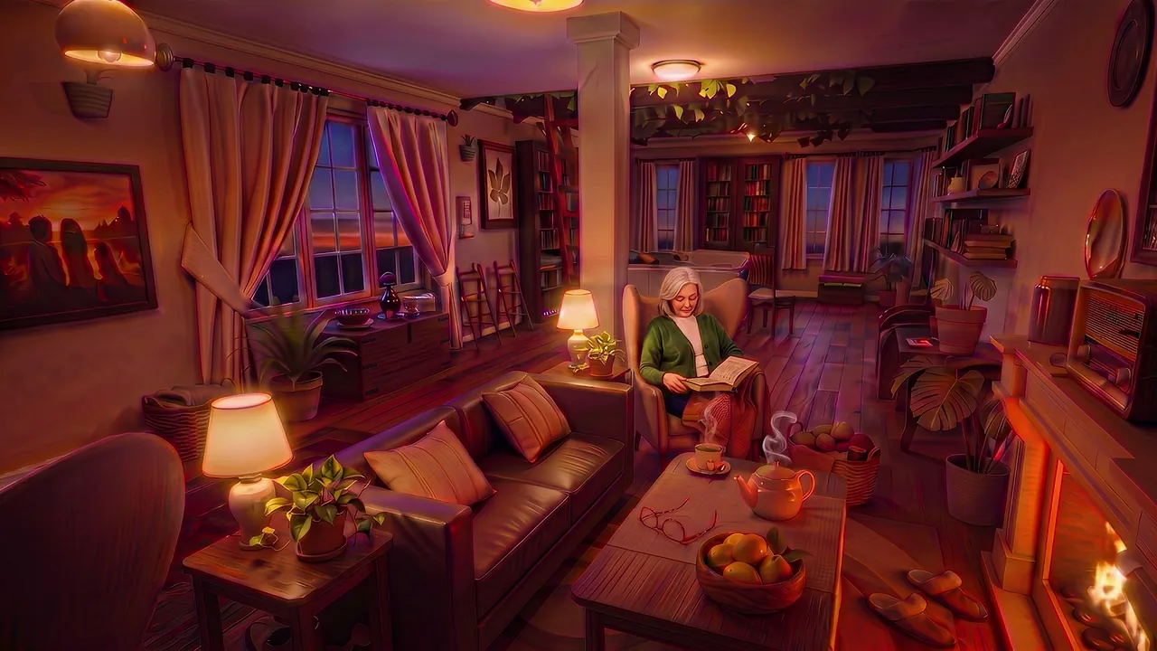 Robin reading quietly in her warmly lit Cottage inside Kulohi