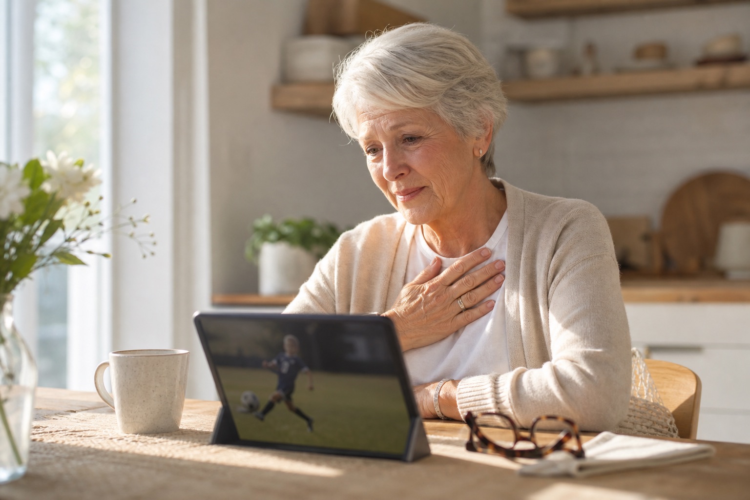 An older woman quietly moved while watching an asynchronously shared soccer video